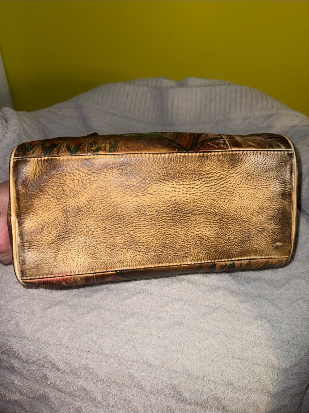 Hand-Painted Floral Leather Satchel in Brown and Multicolor - Picture 4 of 15